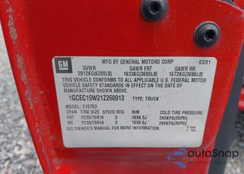 2001 Chevrolet Silverado 1500 из США, поврежденный, VIN 1GCEC19W21Z268913